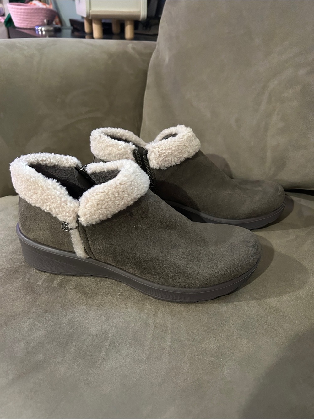 Cozy Olive Green Suede Ankle Boot with Sherpa Collar - Women